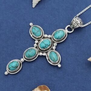 Sterling Silver Necklace w/ Turquoise Cross Pendant Southwestern Boho Jewelry